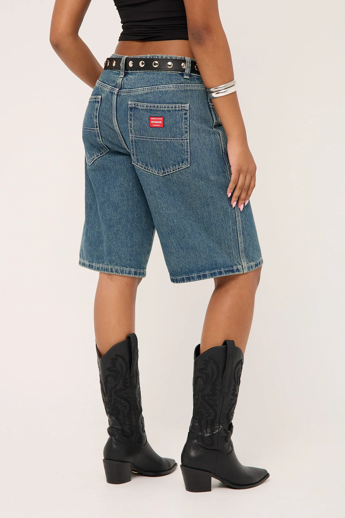 Worship Worship Big Baggy Denim Short Dirty Mid Blue - Image 10