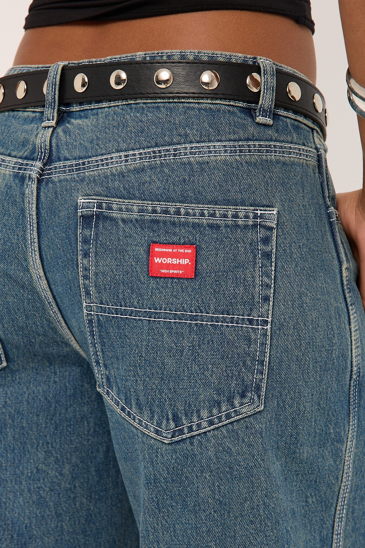 Worship Worship Big Baggy Denim Short Dirty Mid Blue - Image 11